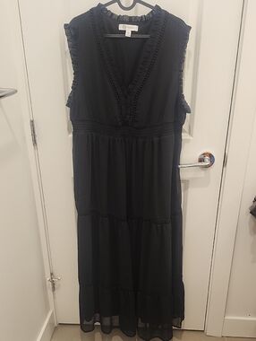 Cristina B Black Ruffle-Trim Sleeveless Lined Maxi Dress Womens Size XL